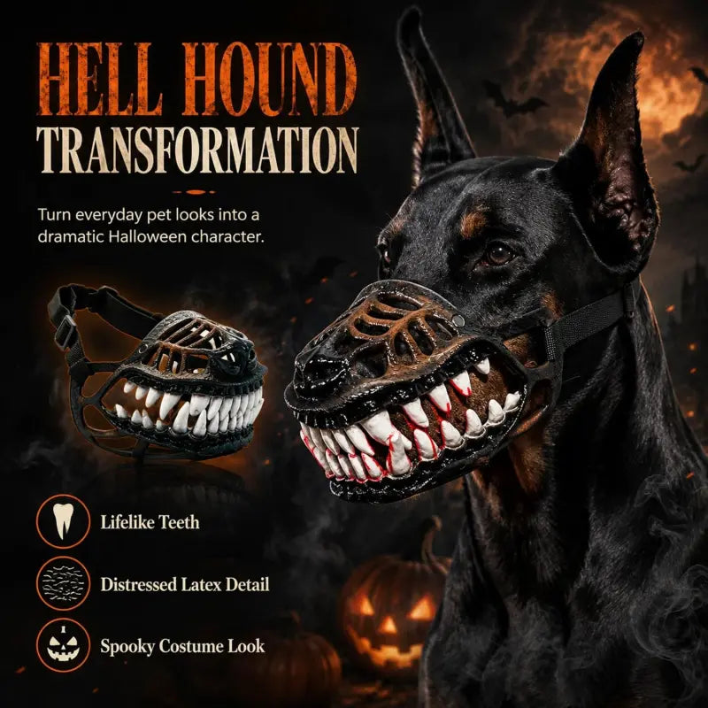 Halloween Themed Dog Muzzle - Realistic Hell Hound Costume Mask with Adjustable Strap and Natural Latex Fangs