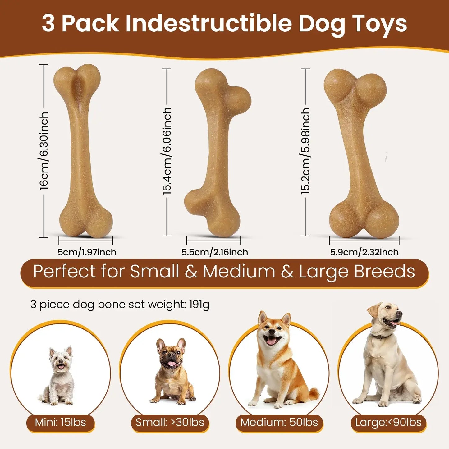 Set of 3 Durable Dog Chew Toys for Aggressive Chewers, Tough Nylon Construction with Natural Tapioca Starch, Dental Care and Interactive Toys for Boredom Relief