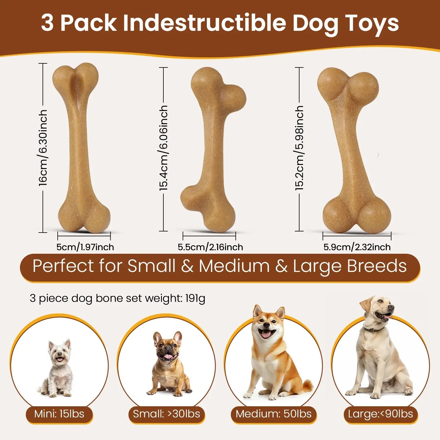 Set of 3 Durable Dog Chew Toys for Aggressive Chewers, Tough Nylon Construction with Natural Tapioca Starch, Dental Care and Interactive Toys for Boredom Relief