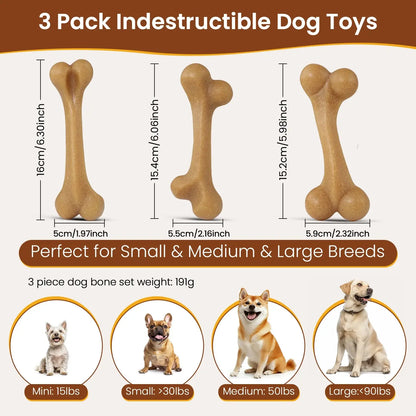 Set of 3 Durable Dog Chew Toys for Aggressive Chewers, Tough Nylon Construction with Natural Tapioca Starch, Dental Care and Interactive Toys for Boredom Relief