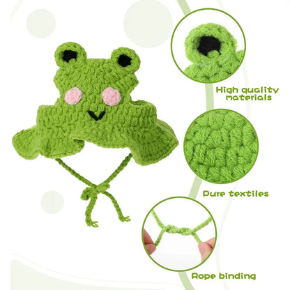 4-Piece Handmade Knitted Frog Pet Hats - Lightweight Polyester Fabric, Adjustable Strap, Easy to Wear, Warm Full Coverage, Perfect for Birthdays, Small Cats