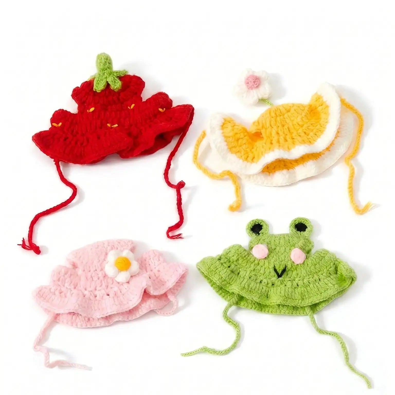 4-Piece Handmade Knitted Frog Pet Hats - Lightweight Polyester Fabric, Adjustable Strap, Easy to Wear, Warm Full Coverage, Perfect for Birthdays, Small Cats
