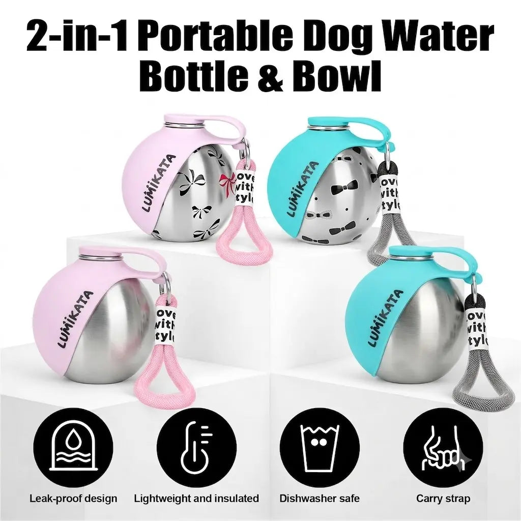 Lumikata 2-in-1 Portable Dog Water Bottle - 10 oz Stainless Steel with Silicone Foldable Bowl, Leak-Proof Design for Small Dogs and Pet Feeding Supplies