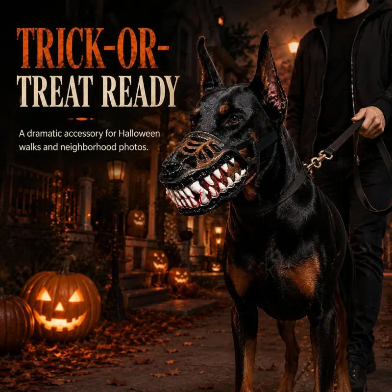Halloween Themed Dog Muzzle - Realistic Hell Hound Costume Mask with Adjustable Strap and Natural Latex Fangs