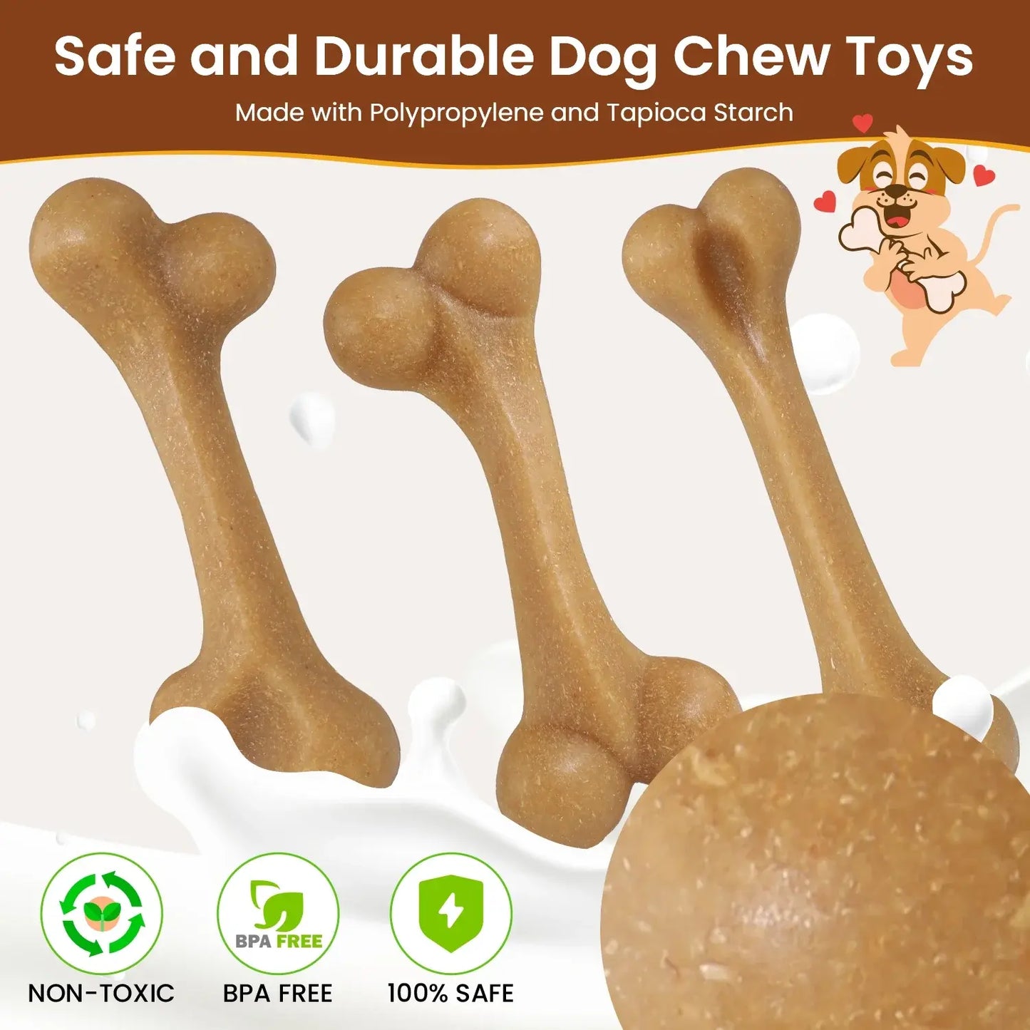 Set of 3 Durable Dog Chew Toys for Aggressive Chewers, Tough Nylon Construction with Natural Tapioca Starch, Dental Care and Interactive Toys for Boredom Relief