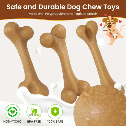 Set of 3 Durable Dog Chew Toys for Aggressive Chewers, Tough Nylon Construction with Natural Tapioca Starch, Dental Care and Interactive Toys for Boredom Relief