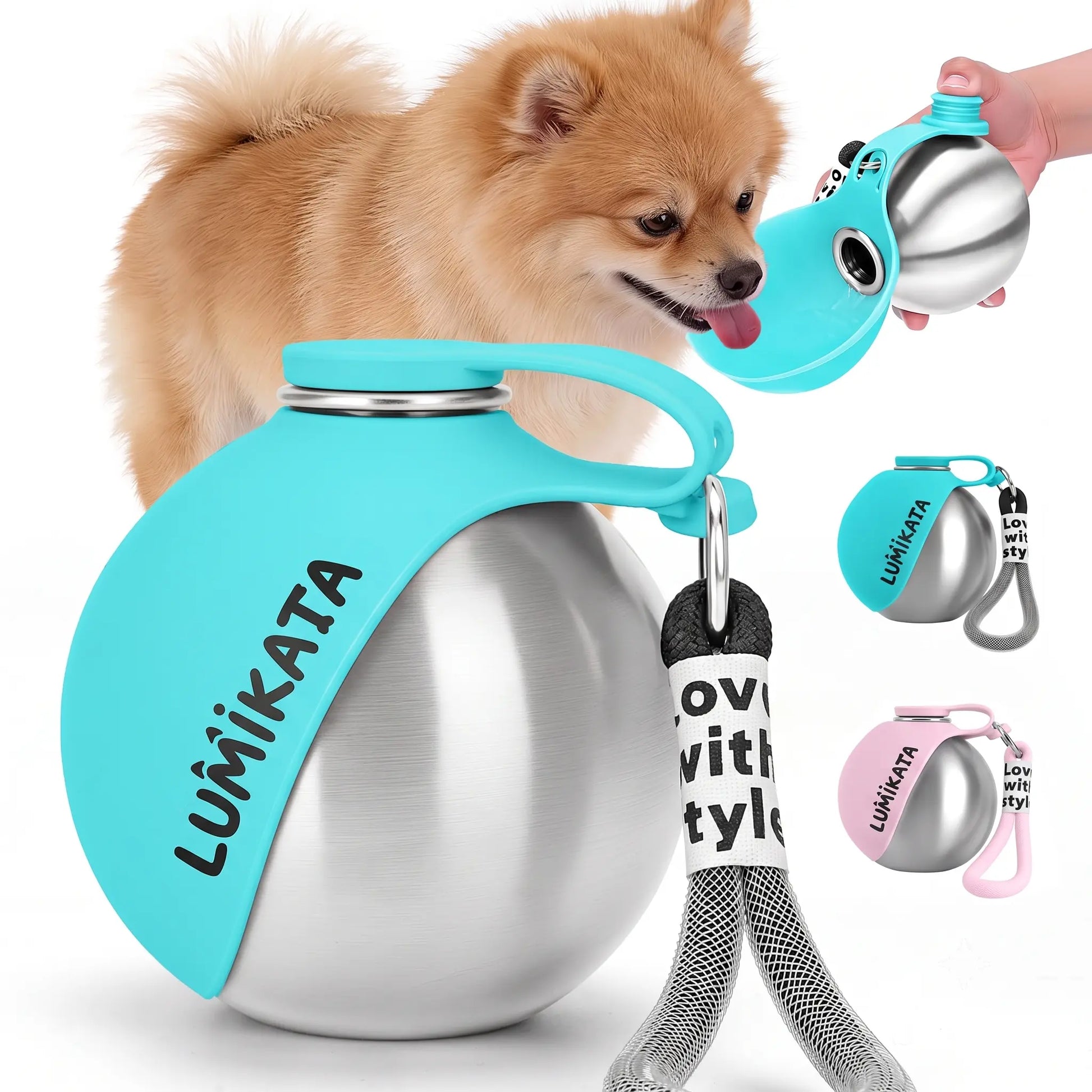 Lumikata 2-in-1 Portable Dog Water Bottle - 10 oz Stainless Steel with Silicone Foldable Bowl, Leak-Proof Design for Small Dogs and Pet Feeding Supplies