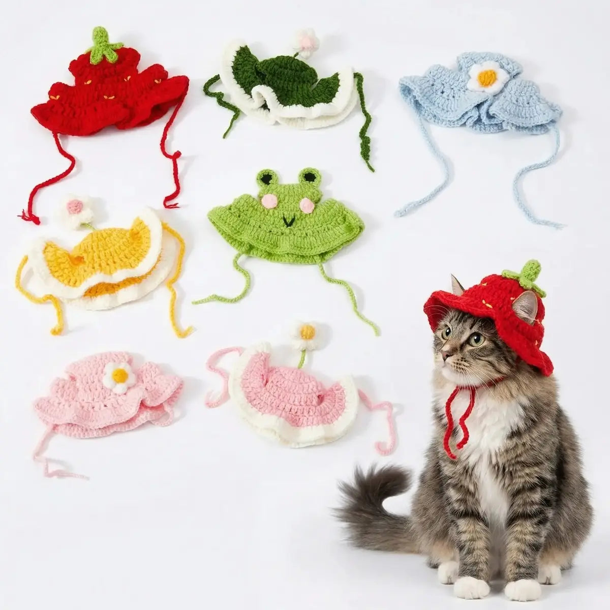 4-Piece Handmade Knitted Frog Pet Hats - Lightweight Polyester Fabric, Adjustable Strap, Easy to Wear, Warm Full Coverage, Perfect for Birthdays, Small Cats