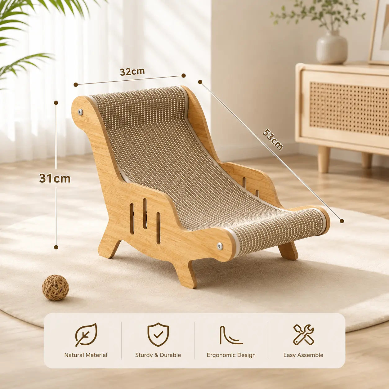 XL Size 2-In-1 Sisal Cat Scratcher with Hammock and Lounge Chair - Breathable, Durable, All-Season Cat Bed for Claw Sharpening and Rest
