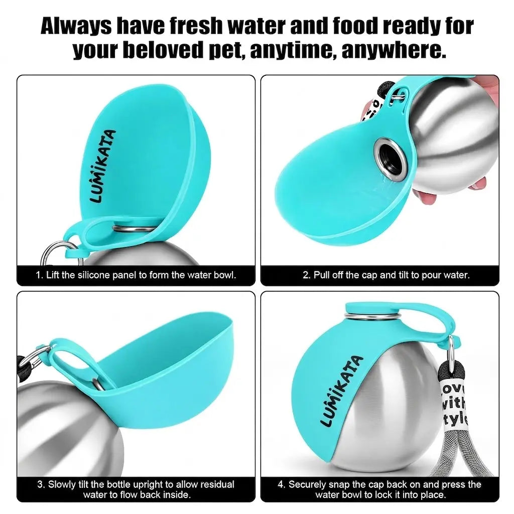 Lumikata 2-in-1 Portable Dog Water Bottle - 10 oz Stainless Steel with Silicone Foldable Bowl, Leak-Proof Design for Small Dogs and Pet Feeding Supplies